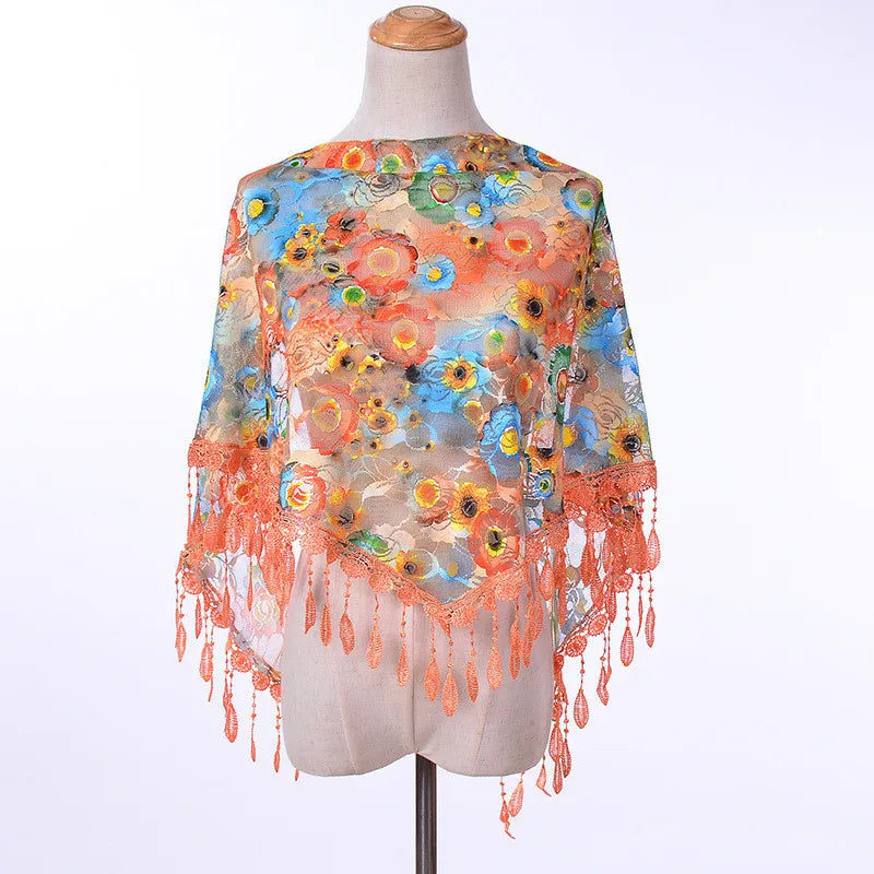 Foulard Fleuri Orange Écharpe en Dentelle