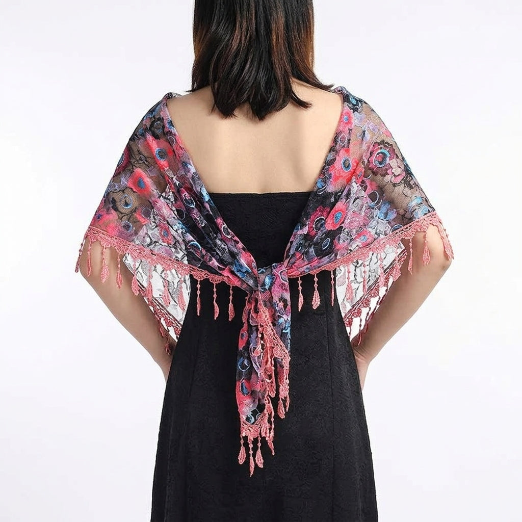 Foulard Fleuri Rose et Noir Écharpe en Dentelle