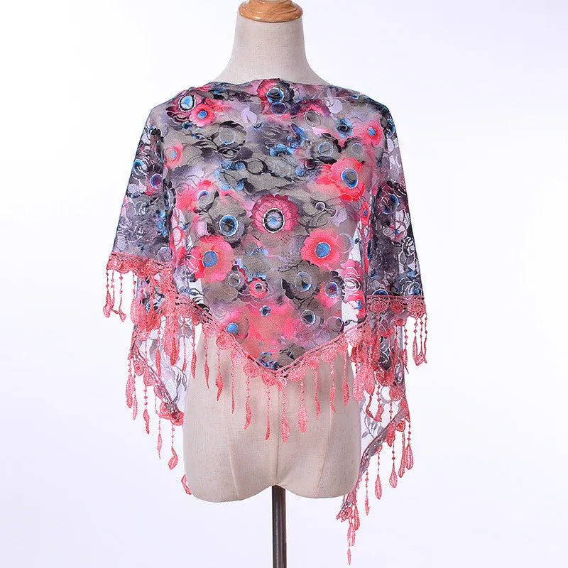 Foulard Fleuri Rose et Noir Écharpe en Dentelle