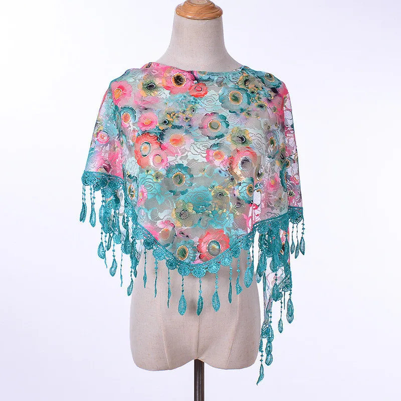 Foulard Fleuri Turquoise Écharpe en Dentelle