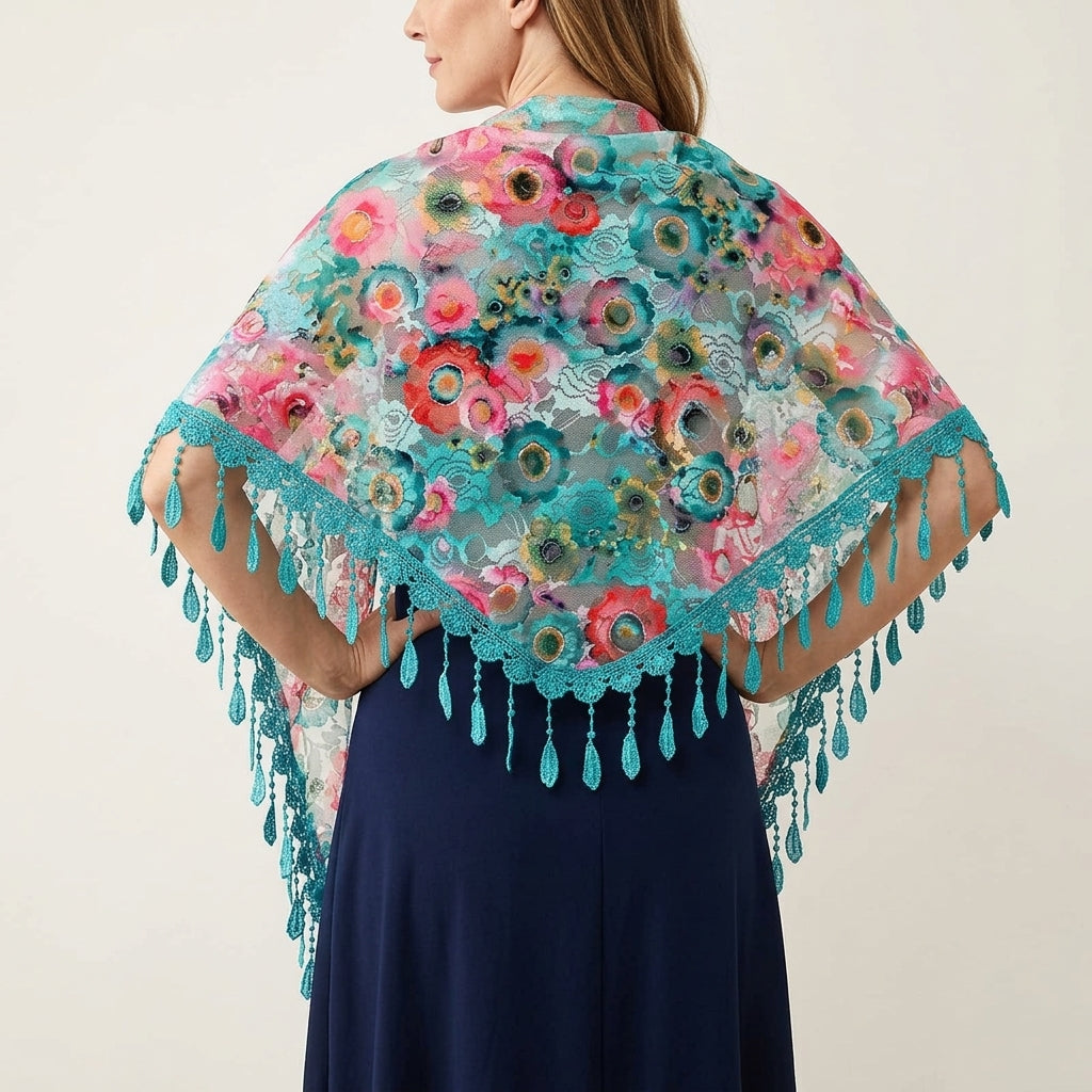 Foulard Fleuri Turquoise Écharpe en Dentelle