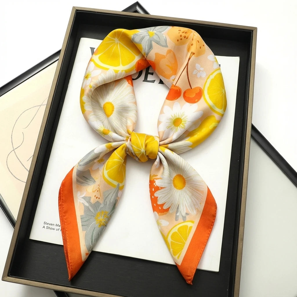 Foulard Jaune et Orange motif Fleuri et Agrumes Carré en Soie