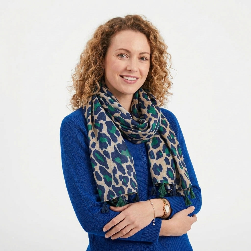 Foulard Léopard Bleu et Vert Lin de Coton