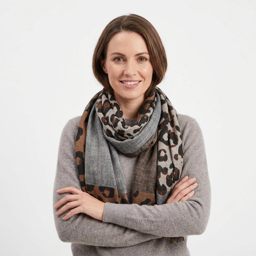 Foulard Léopard Marron et Gris Lin de Coton