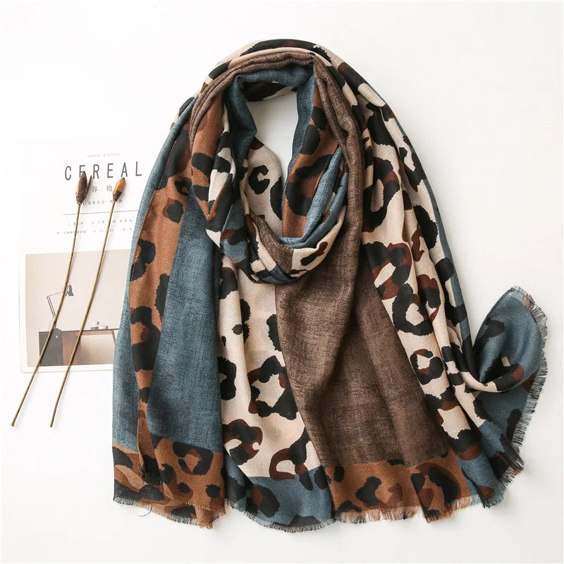 Foulard Léopard Marron et Gris Lin de Coton