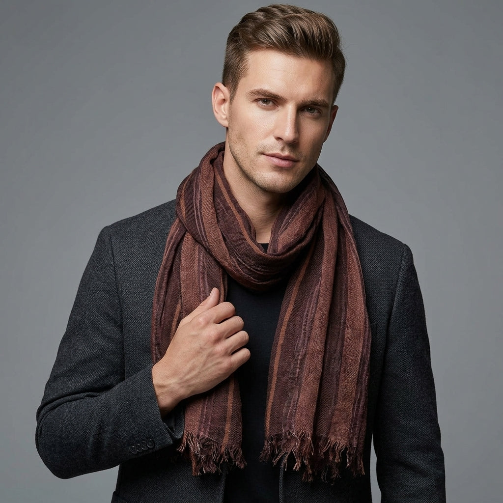 Foulard Lin Rayé Bordeaux Écharpe Homme