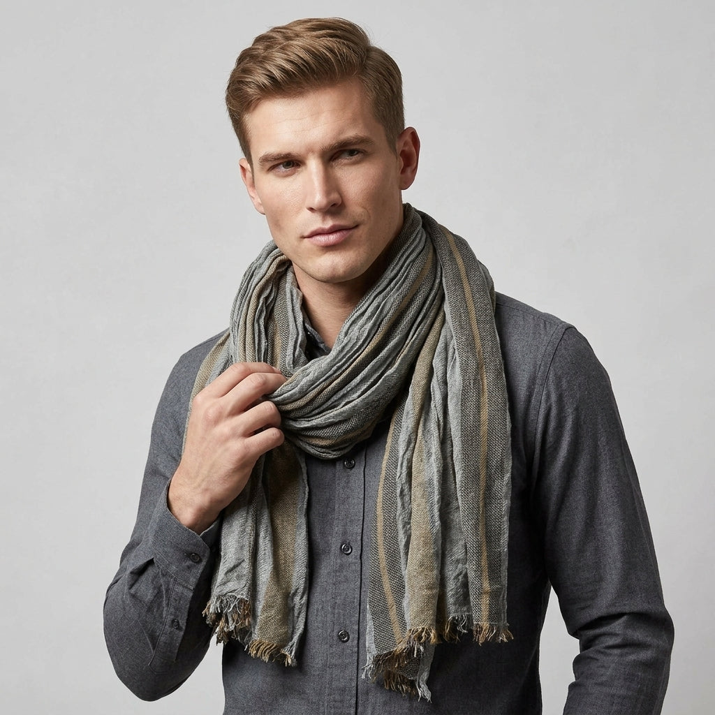 Foulard Lin Rayé Gris Écharpe Homme