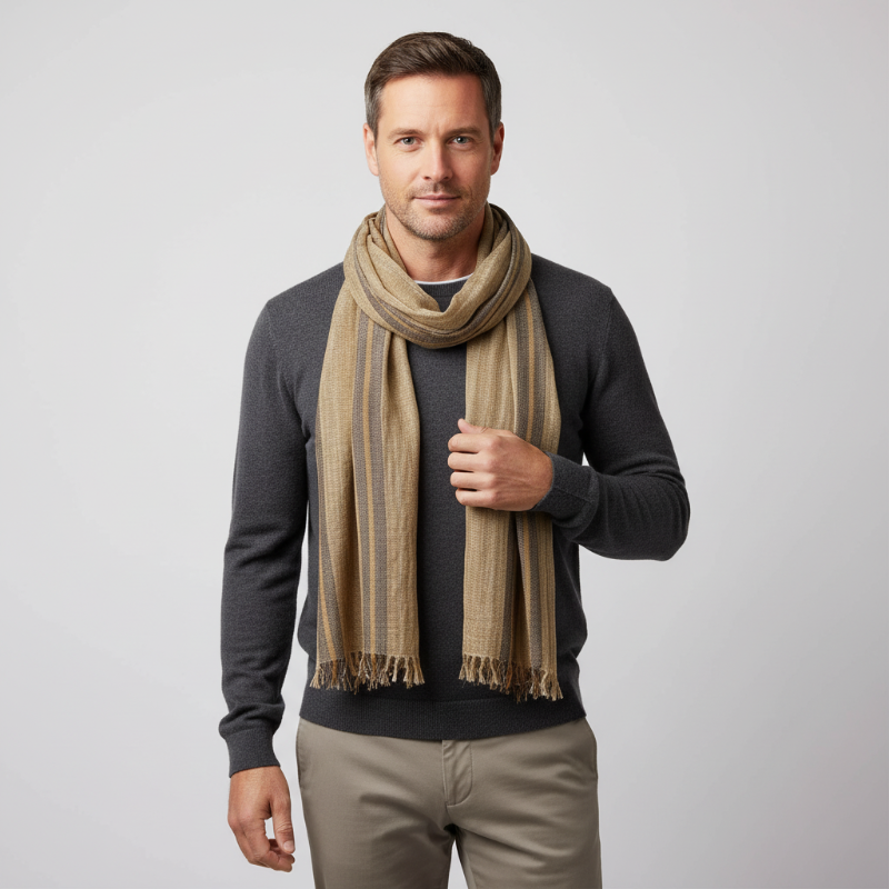 
Foulard Lin Rayé Kaki Écharpe Homme