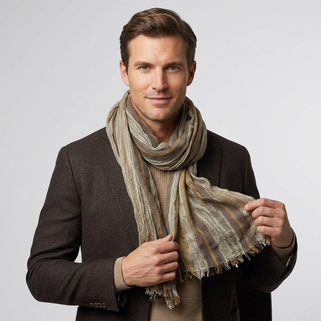 Foulard Lin Rayé Marron Écharpe Homme