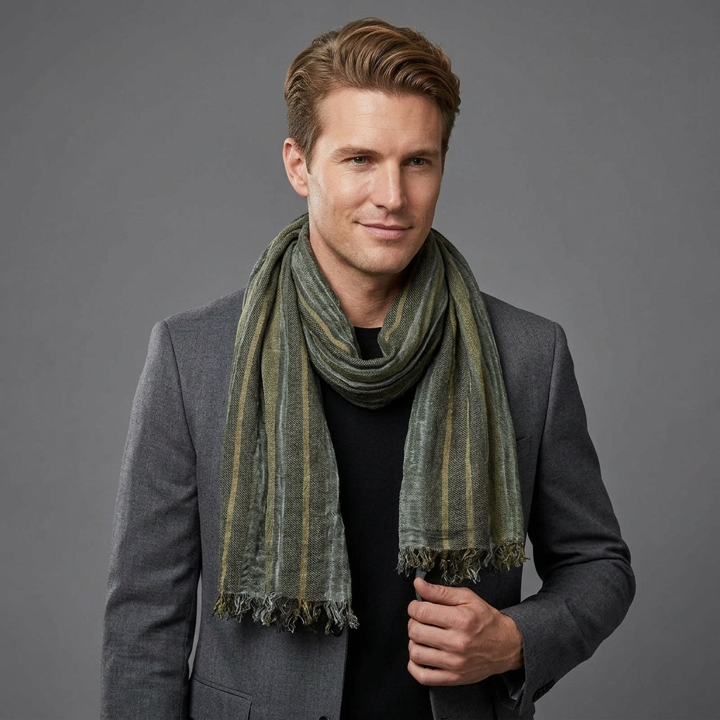 Foulard Lin Rayé Vert Militaire Écharpe Homme