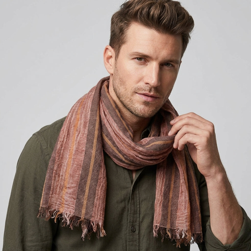 Foulard Lin Rayé Vieux Rose Écharpe Homme