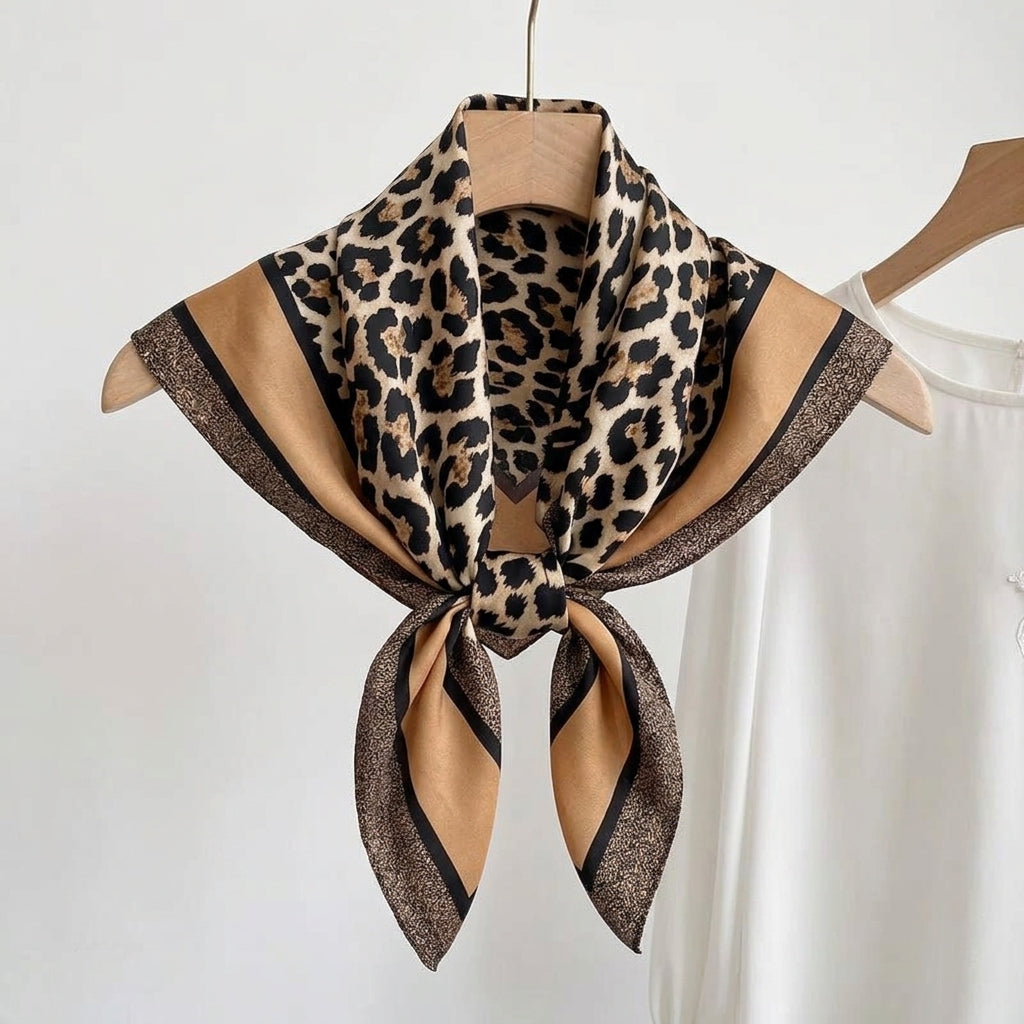 Foulard Marron et Beige motif Léopard Carré en Soie