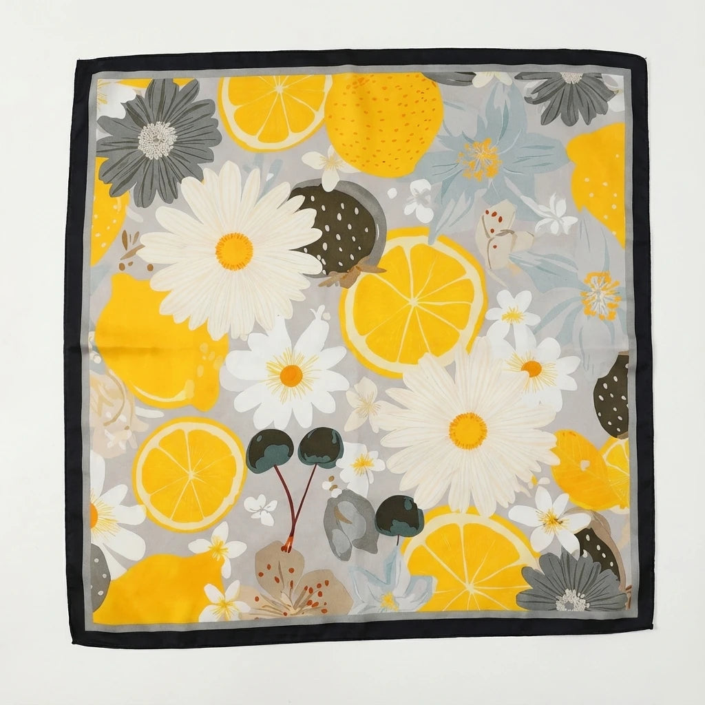 Foulard Noir et Gris motif Fleuri et Agrumes Carré en Soie