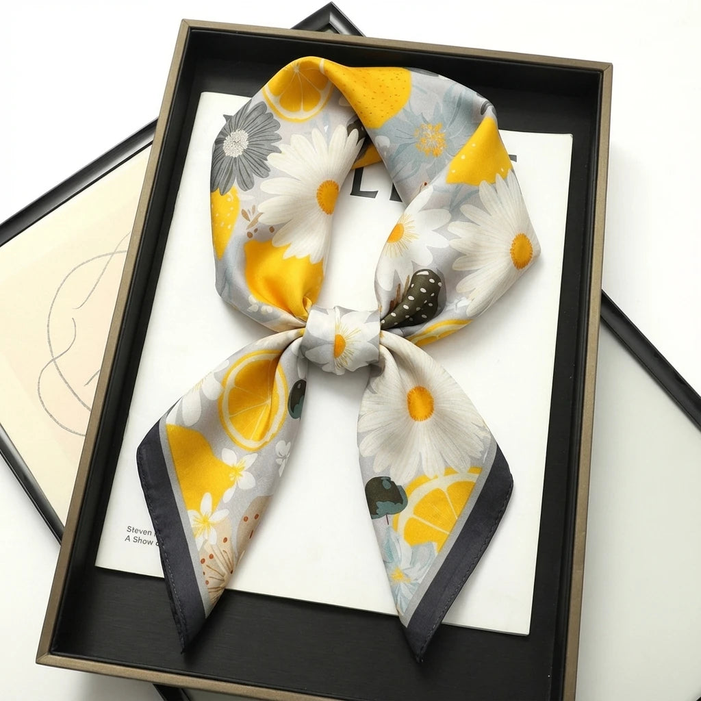 Foulard Noir et Gris motif Fleuri et Agrumes Carré en Soie
