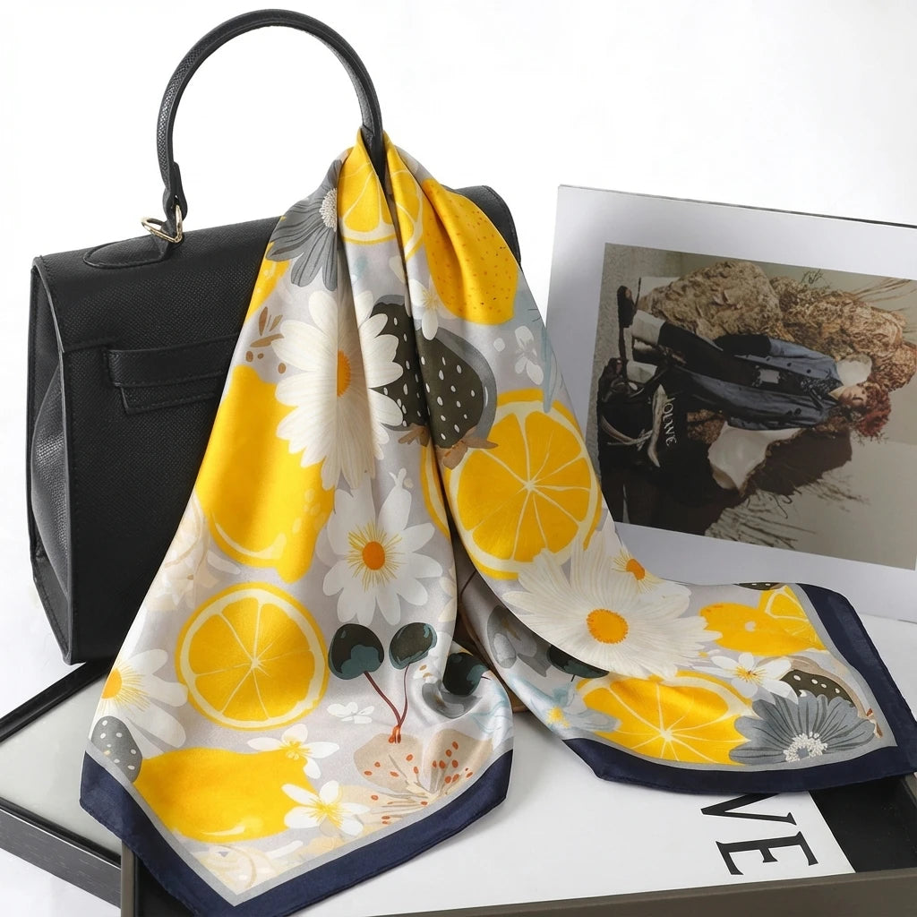 Foulard Noir et Gris motif Fleuri et Agrumes Carré en Soie