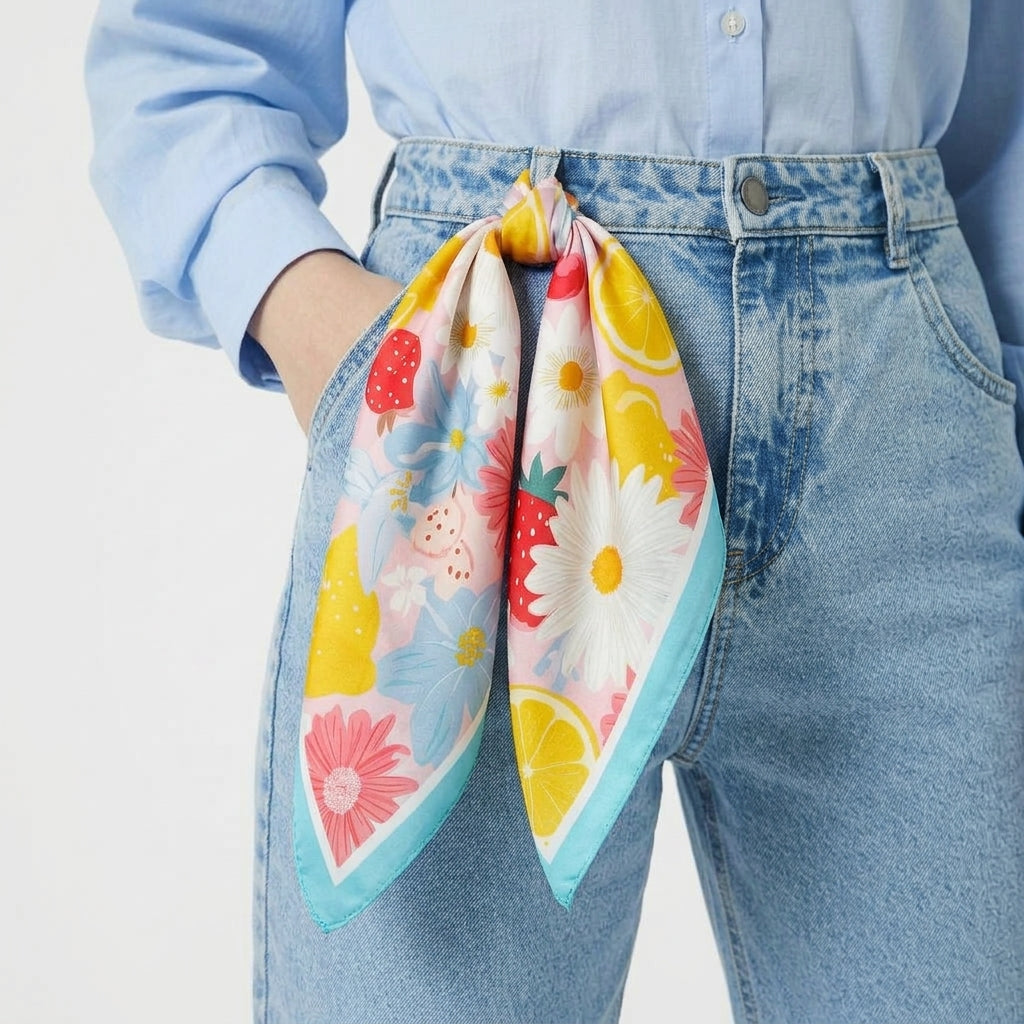Foulard Rose et Bleu motif Fleuri et Agrumes Carré en Soie