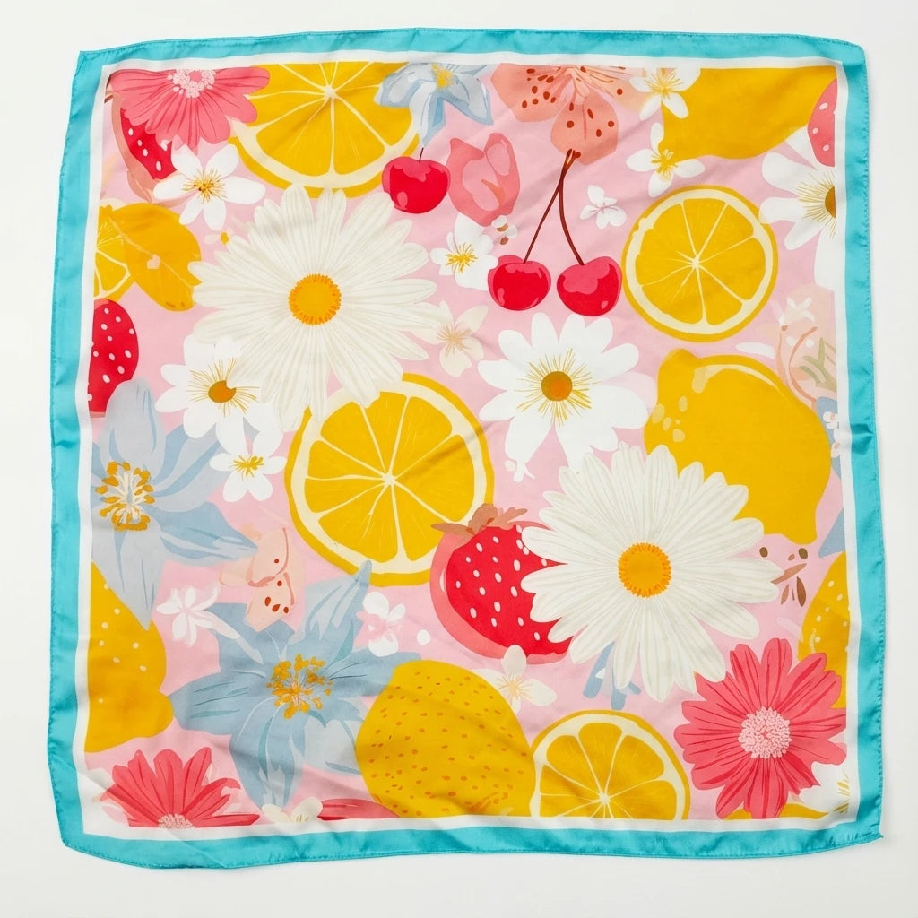 Foulard Rose et Bleu motif Fleuri et Agrumes Carré en Soie