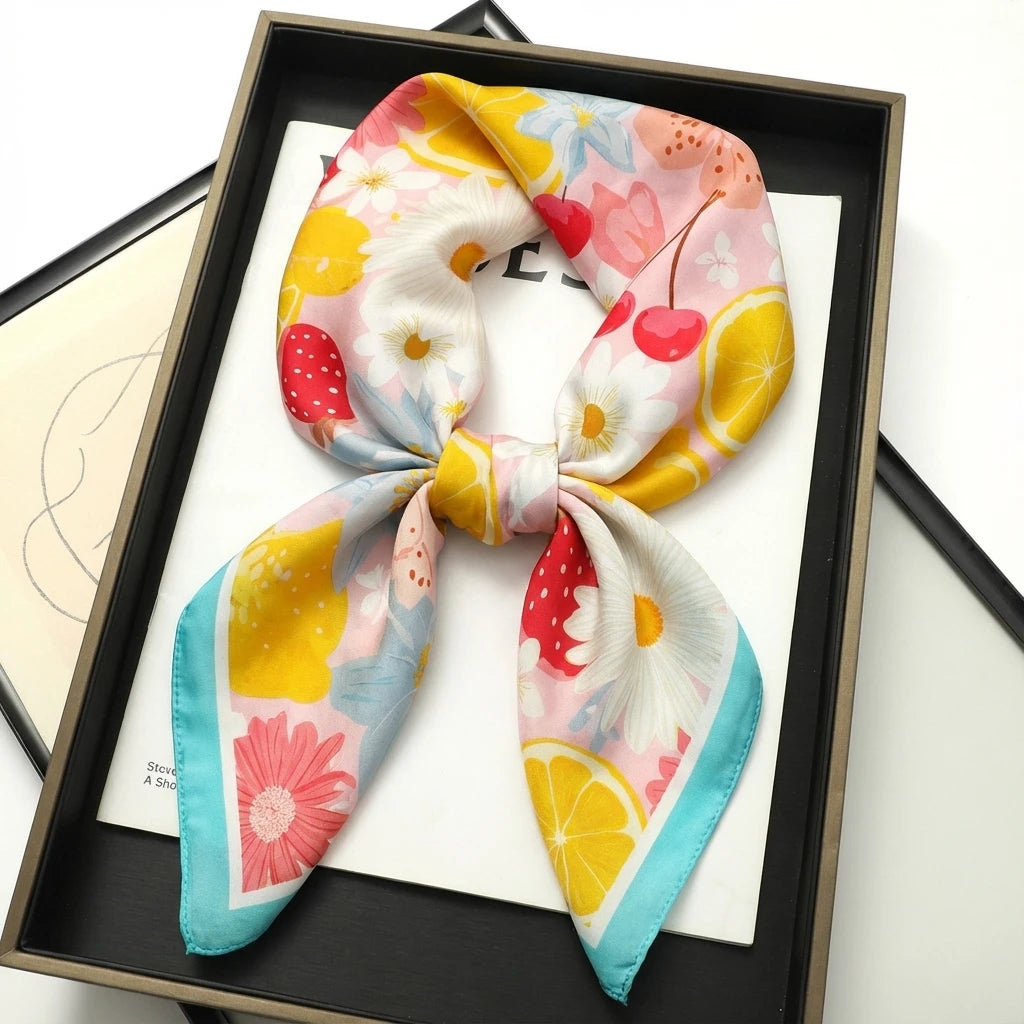 Foulard Rose et Bleu motif Fleuri et Agrumes Carré en Soie