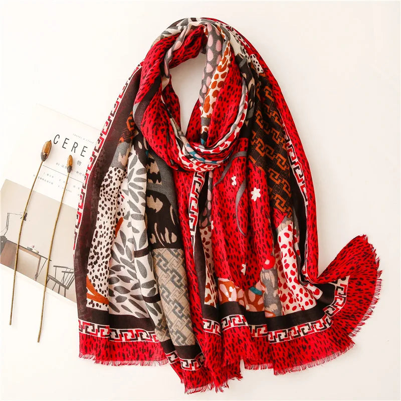 Foulard Rouge Rectangulaire imprimé Lin de Coton