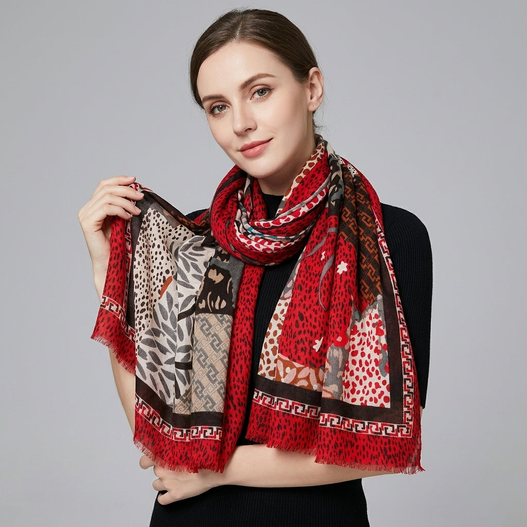 
Foulard Rouge Rectangulaire imprimé Lin de Coton