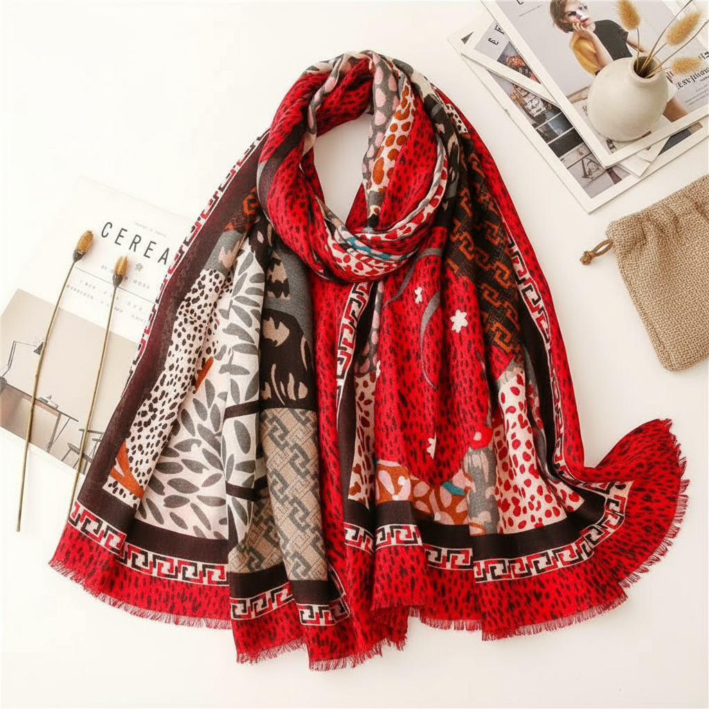
Foulard Rouge Rectangulaire imprimé Lin de Coton