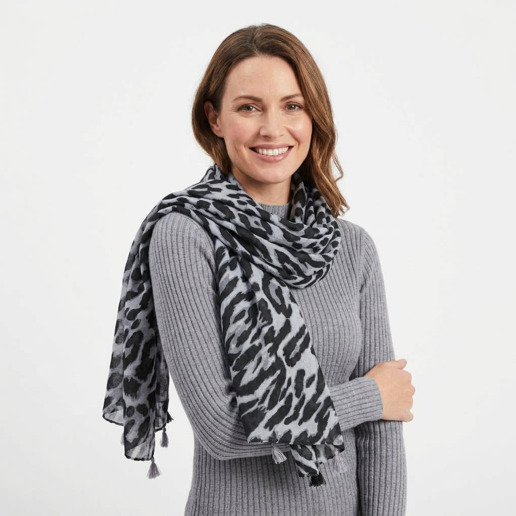 Foulard motif Léopard Gris Lin de Coton
