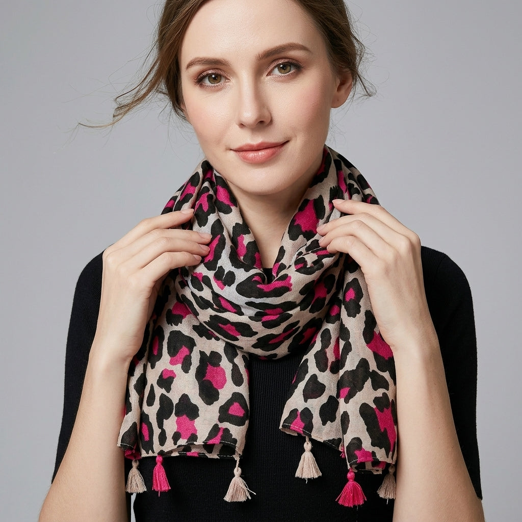 
Foulard motif Léopard Rose en Coton et Lin