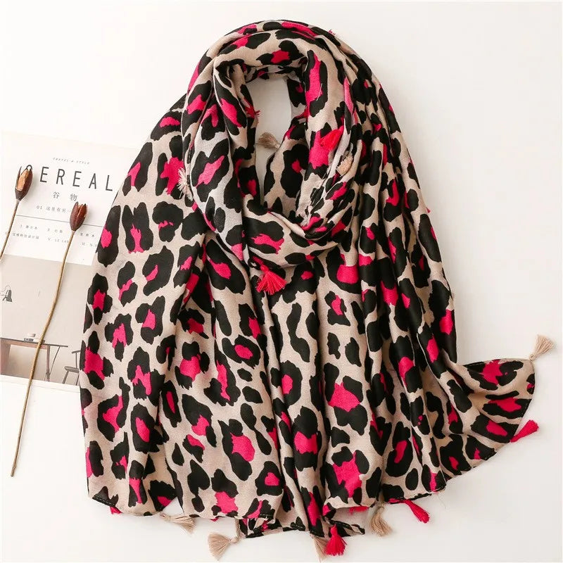 Foulard motif Léopard Rose en Coton et Lin