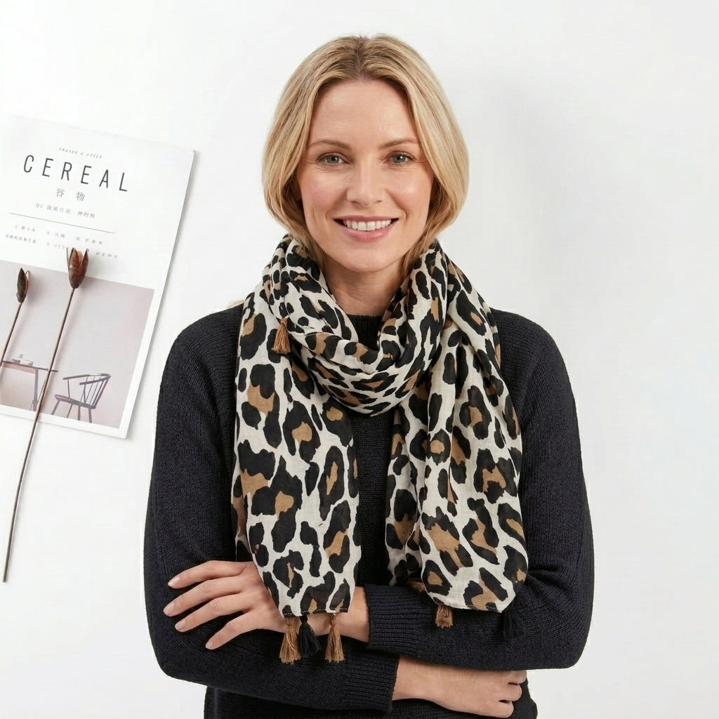 Foulard motif Léopard et Blanc Lin de Coton