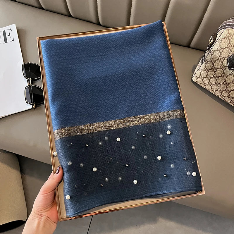Grand Foulard Bleu en Soie et Lin