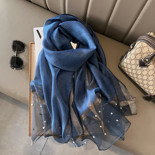 
Grand Foulard Bleu en Soie et Lin