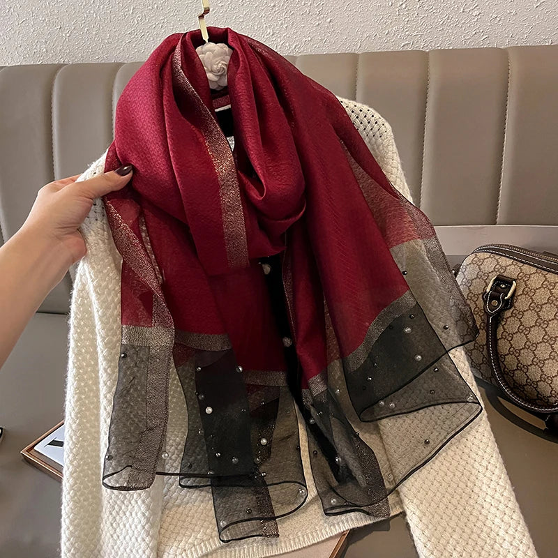 Grand Foulard Bordeaux en Soie et Lin
