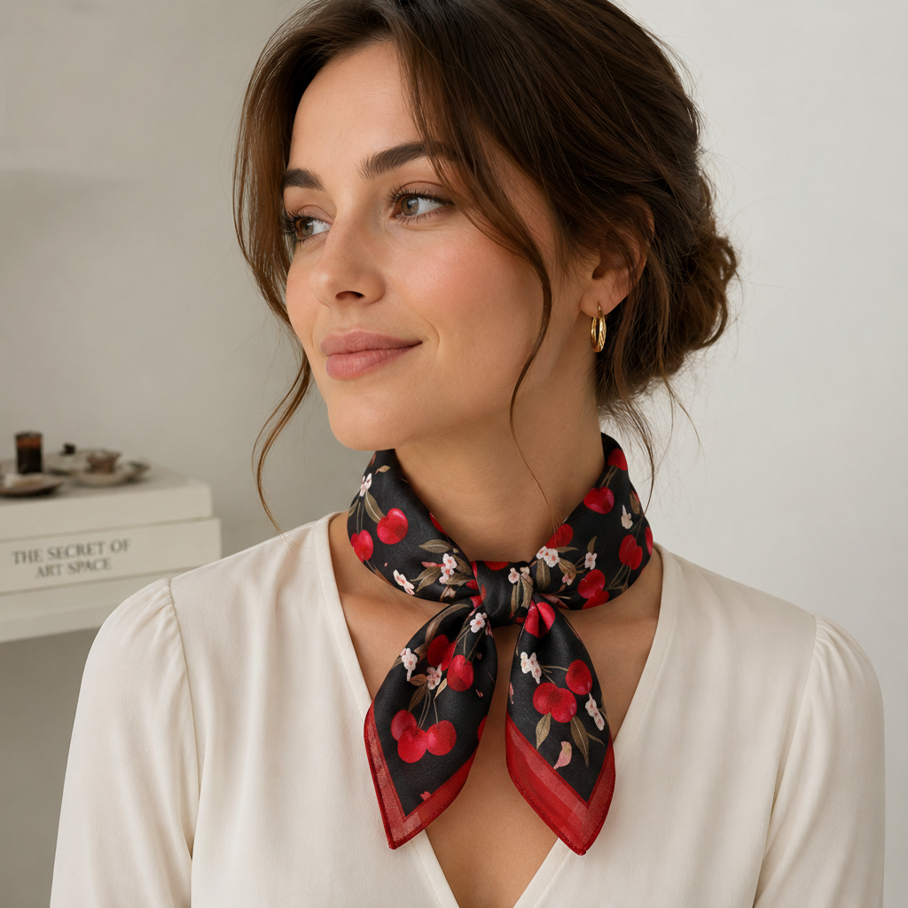 Foulard Cheveux en Lin Noir motif Cerise