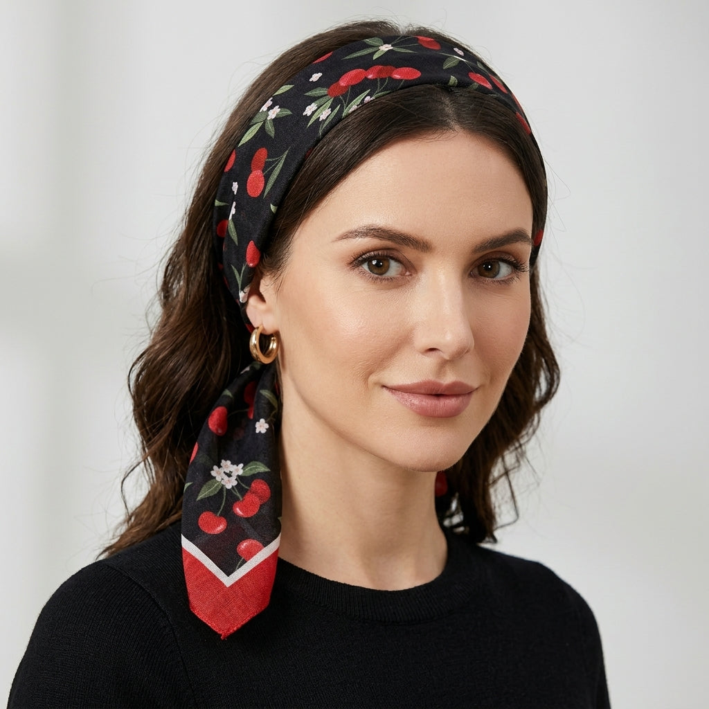 Foulard Cheveux en Lin Noir motif Cerise