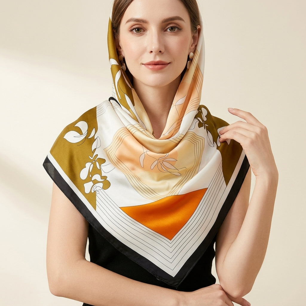 Foulard Carré en Soie motif Fleuri Beige pour Femme