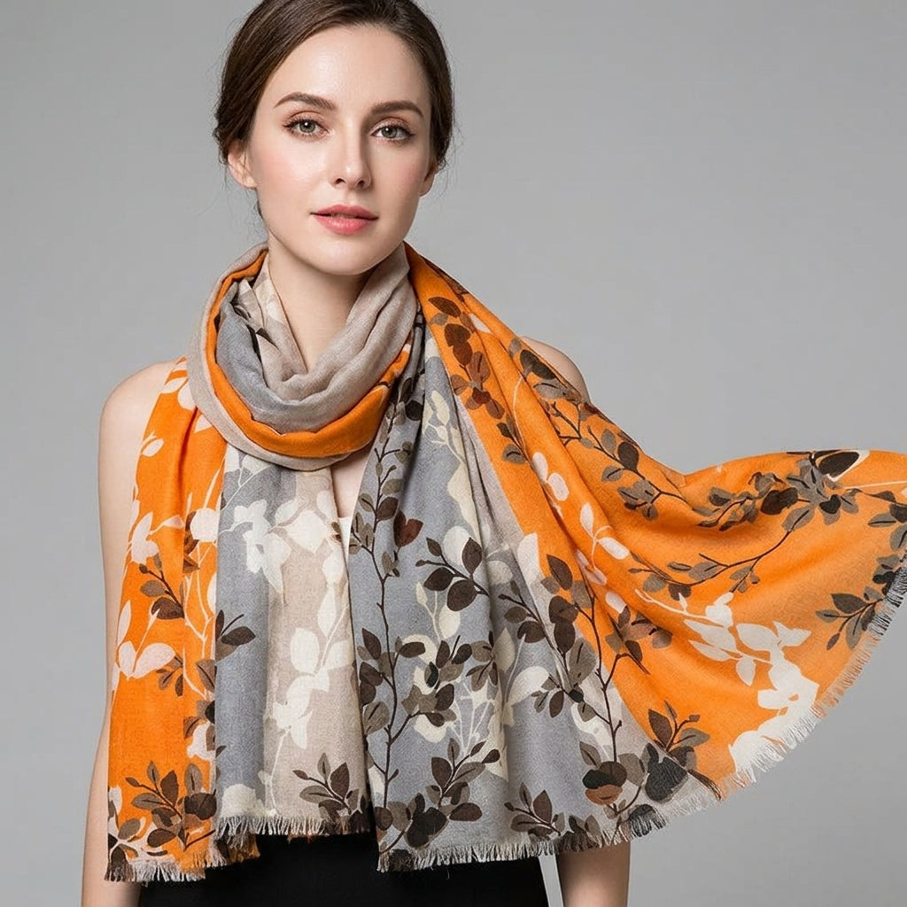 Foulard Coton et Lin motif Plante Orange et Beige
