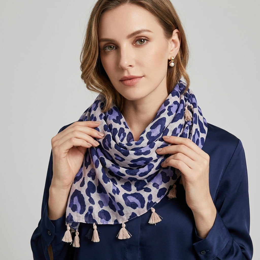Foulard motif Léopard Violet Lin de Coton