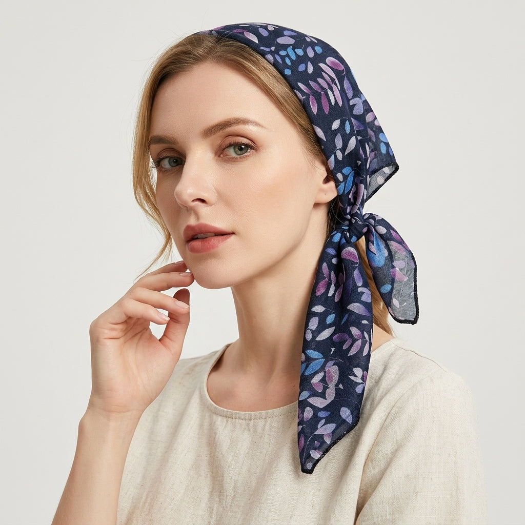 Foulard Cheveux en Lin motif Feuille Bleu