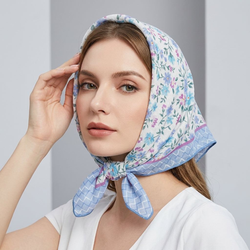Foulard Cheveux Fleuri Bleu en Lin motif Liberty