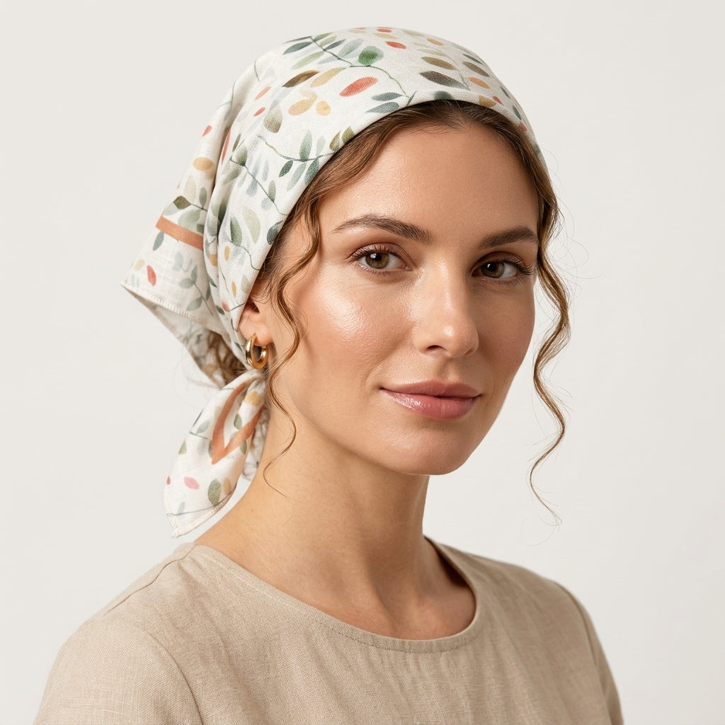 Foulard Cheveux en Lin motif Feuille Blanc