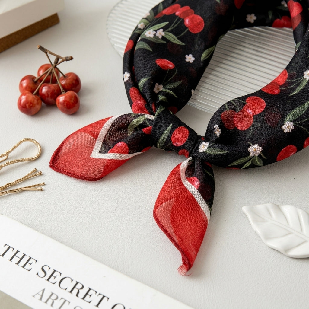 Foulard Cheveux en Lin Noir motif Cerise