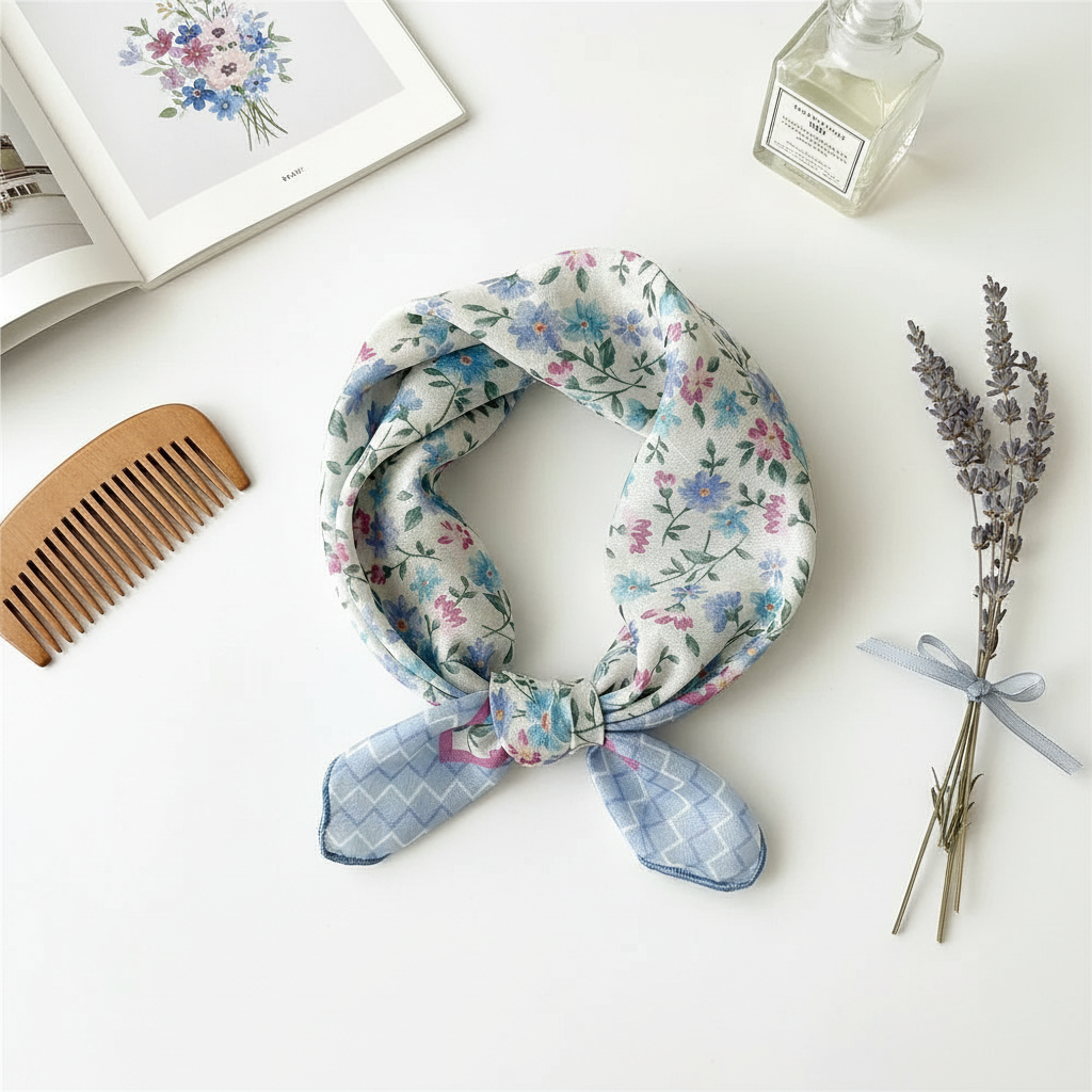 Foulard Cheveux Fleuri Bleu en Lin motif Liberty