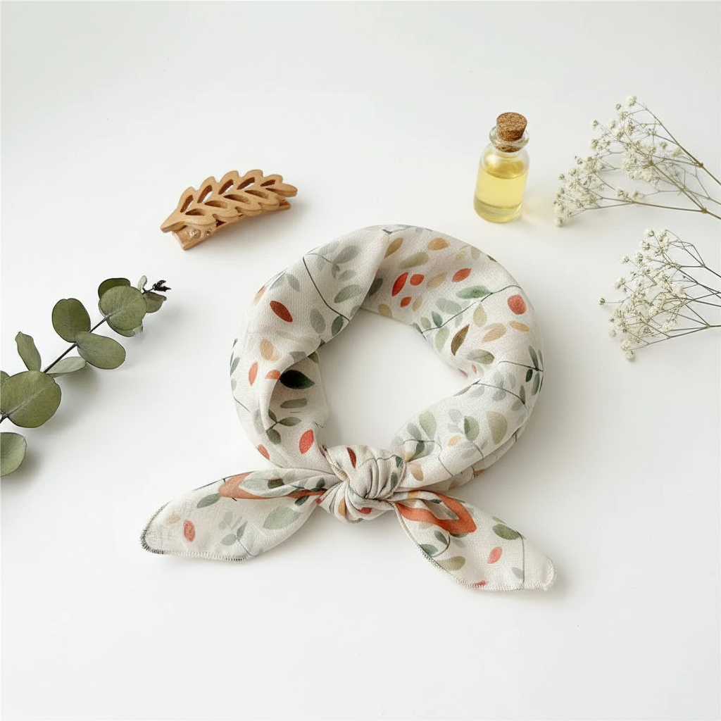 Foulard Cheveux en Lin motif Feuille Blanc
