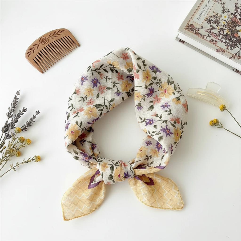 Foulard Cheveux Fleuri Jaune en Lin motif Liberty